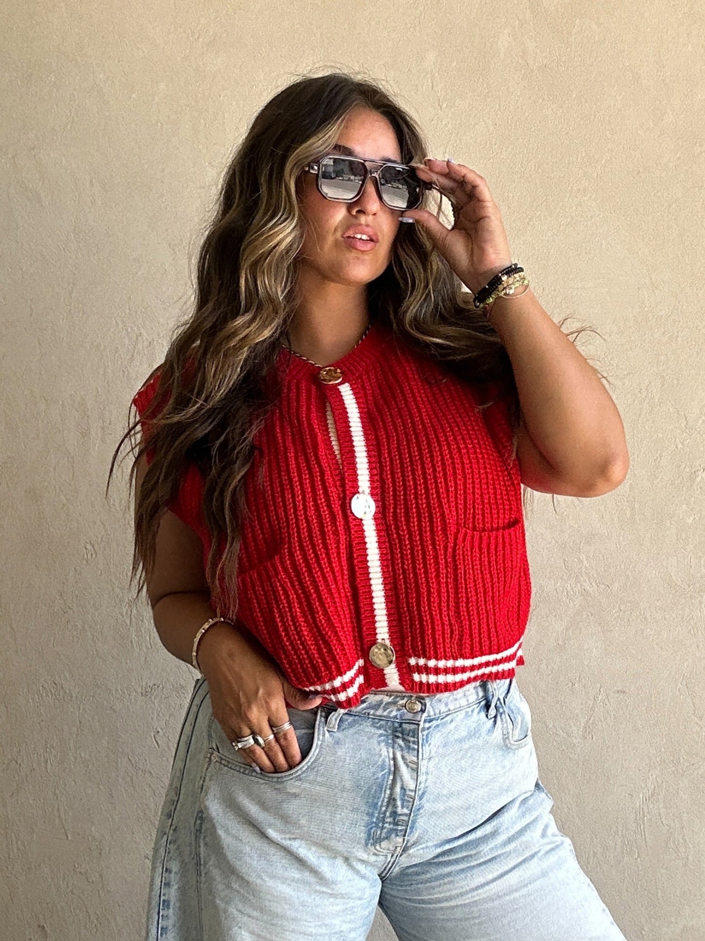 Rosy Sweater Vest in Red & Ivory