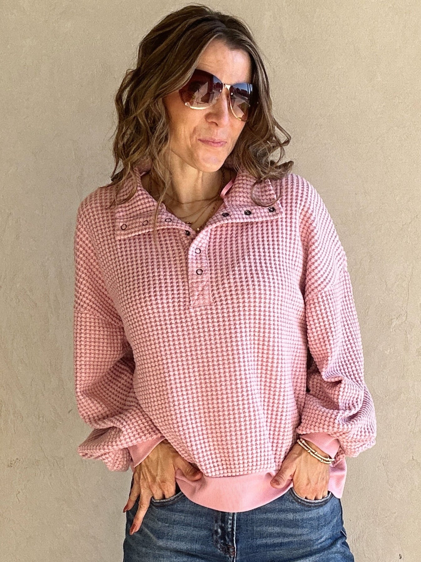 Suzy Button Down Waffle Sweatshirt in Cream