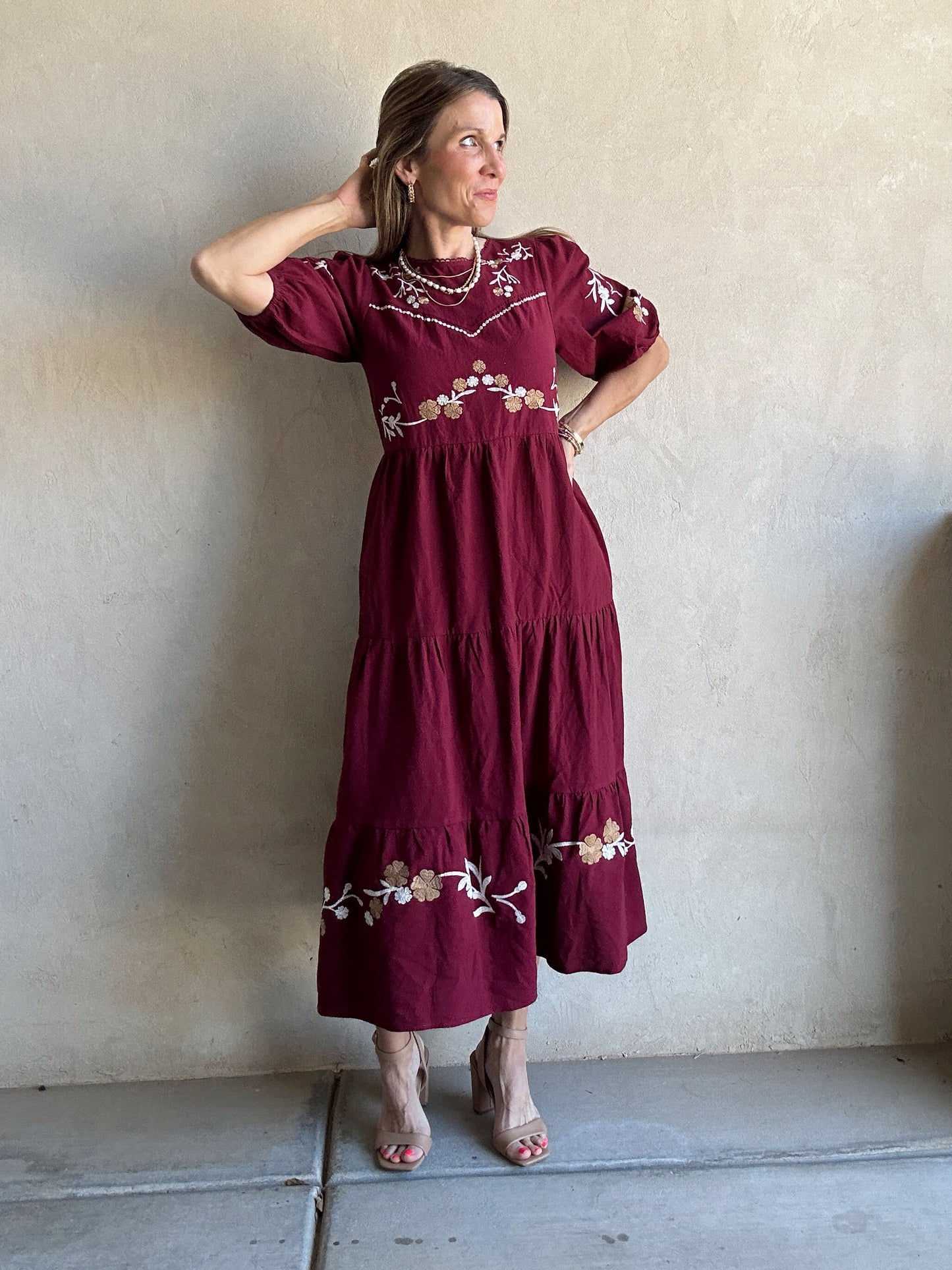 Brittany Embroidered Dress in Burgundy