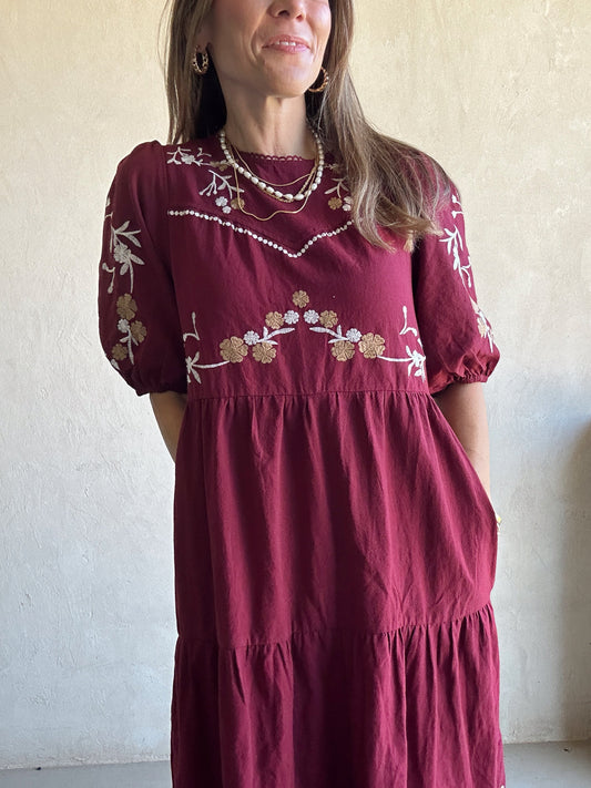 Brittany Embroidered Dress in Burgundy
