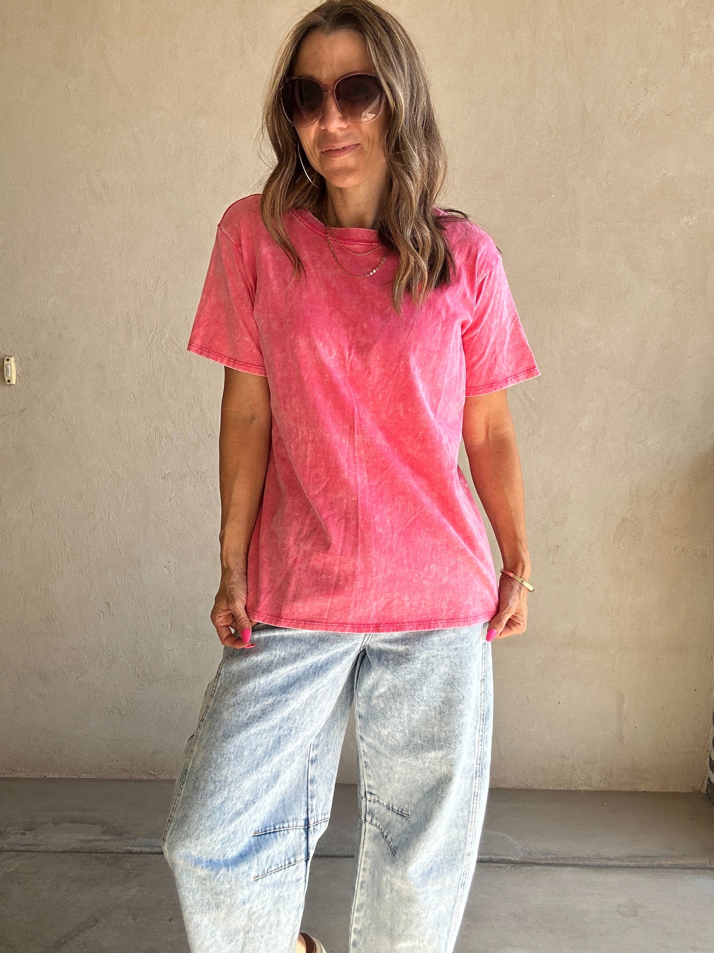 Tara Acid Wash Tee in Pink
