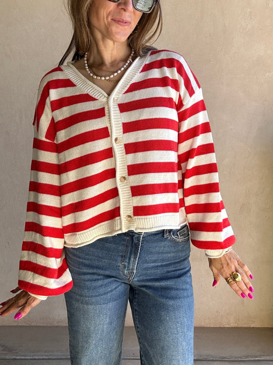 Brendee Striped Cardigan in Red & Ivory