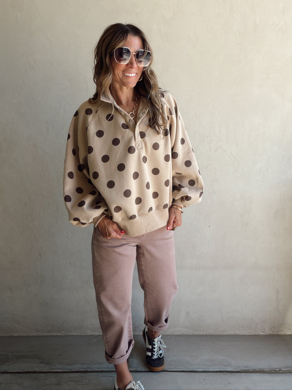 Kaylani Sweatshirt in Taupe & Chocolate Polka Dot