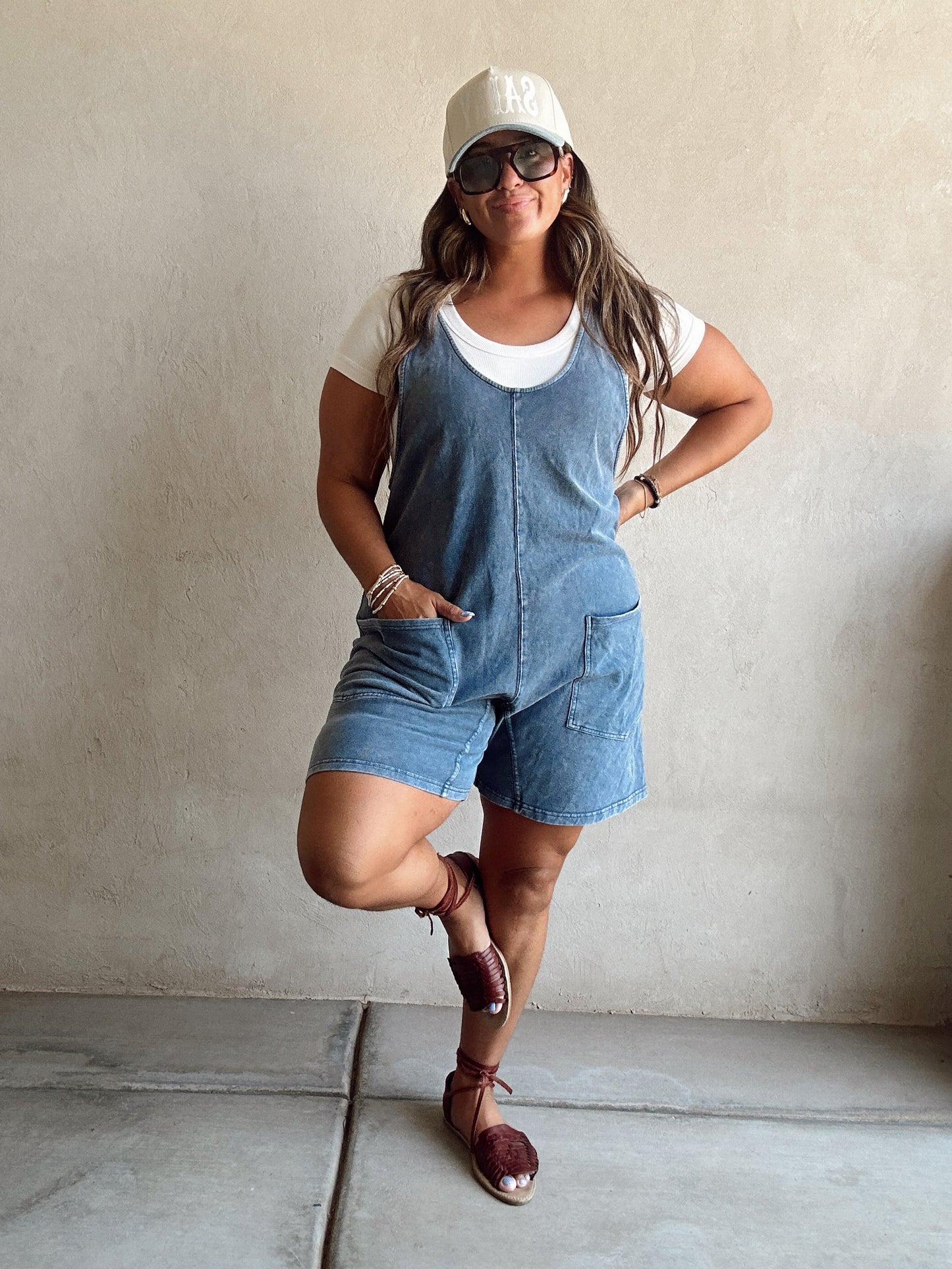 Millie Mineral Washed Romper in Navy