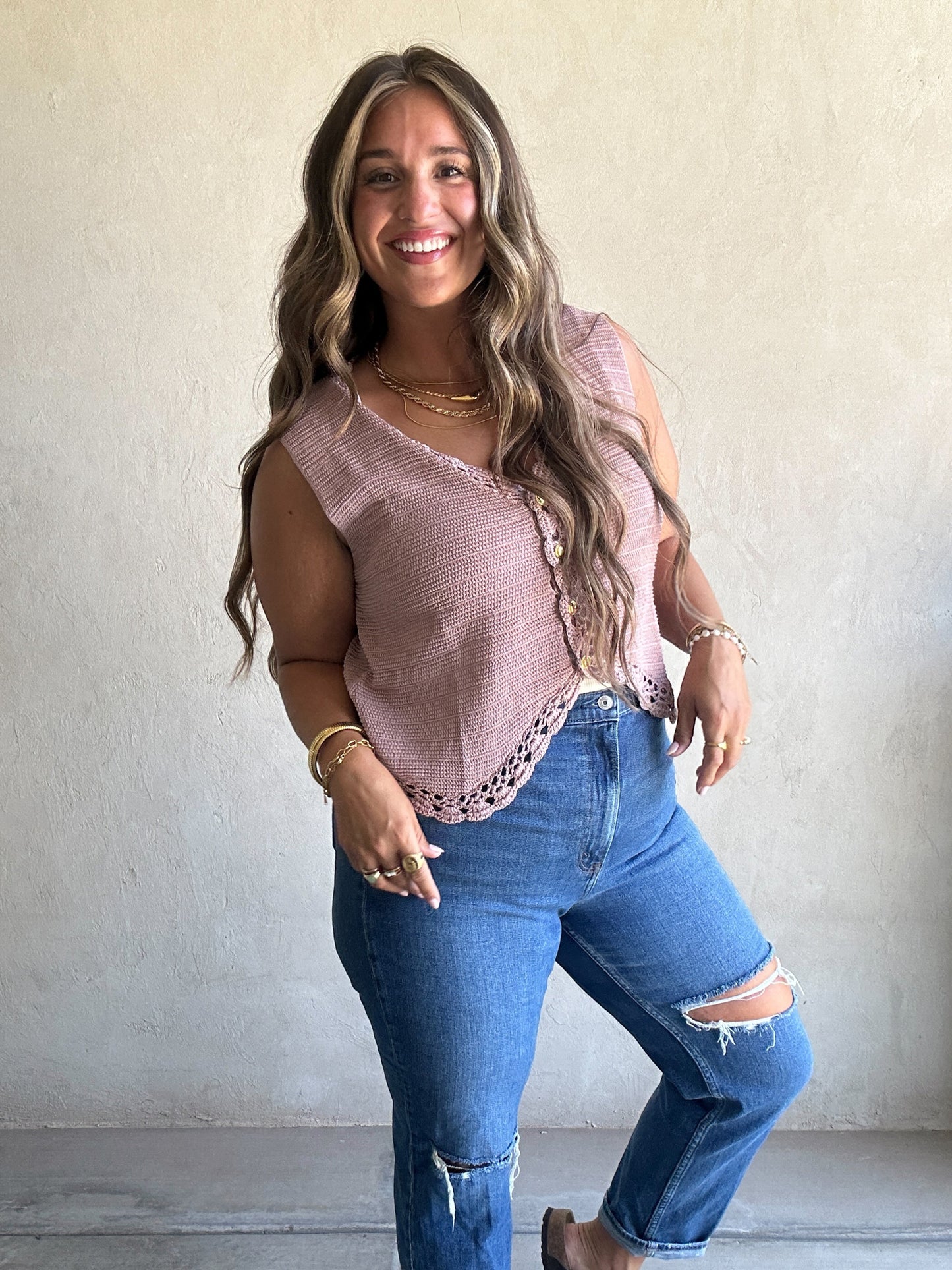 Jemma Crochet Vest in Dusty Rose