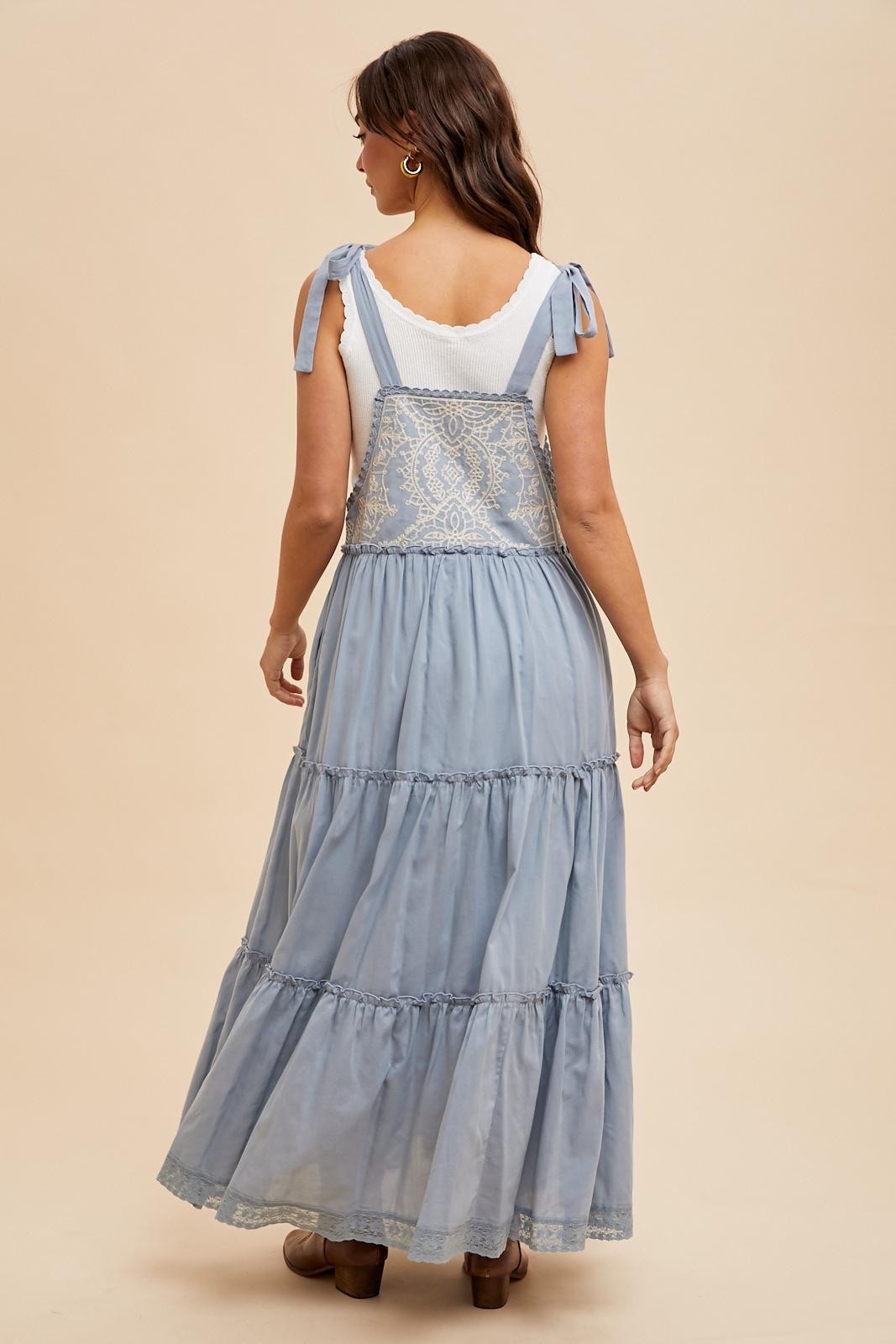 Embroidered Apron Dress in Dusty Blue