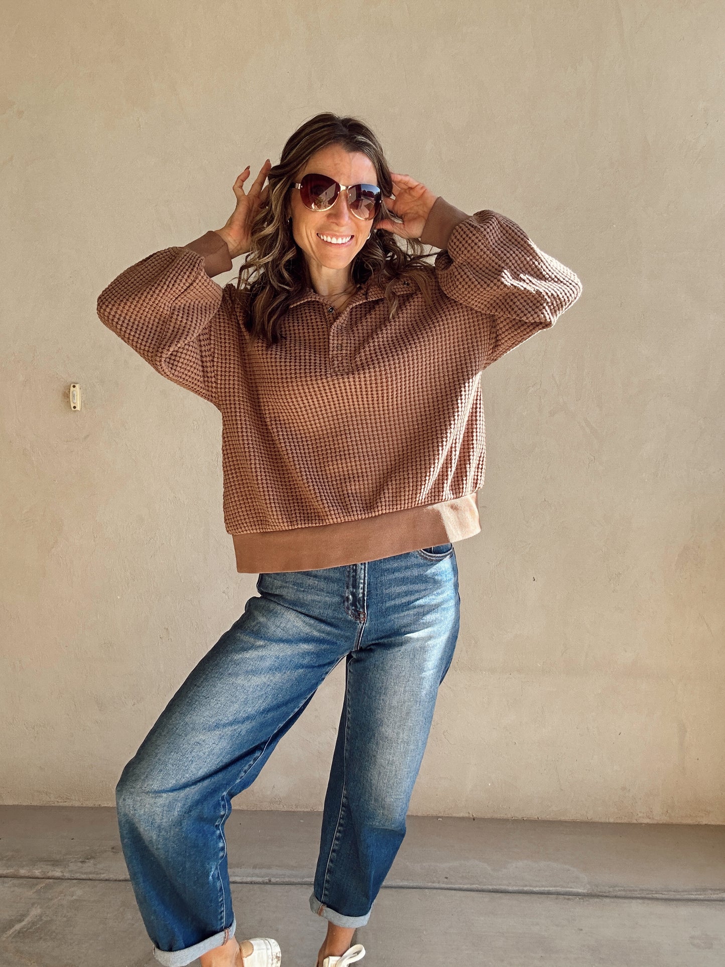 Suzy Button Down Waffle Sweatshirt in Chocolate