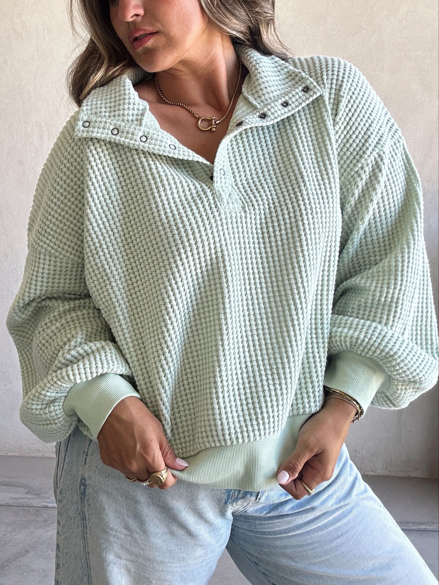 Suzy Button Down Waffle Sweatshirt in Mint