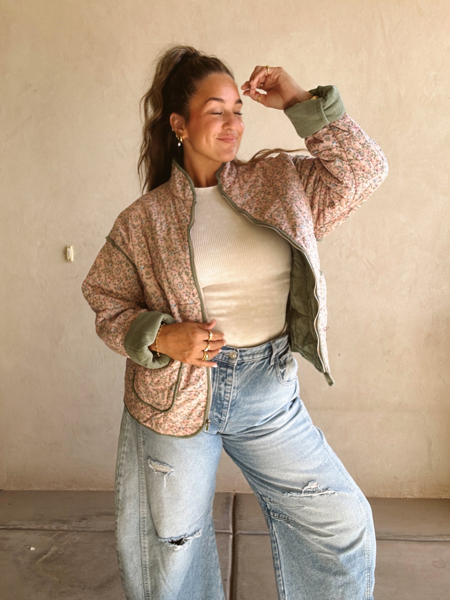 Amber Quilted Jacket in Pink and Sage