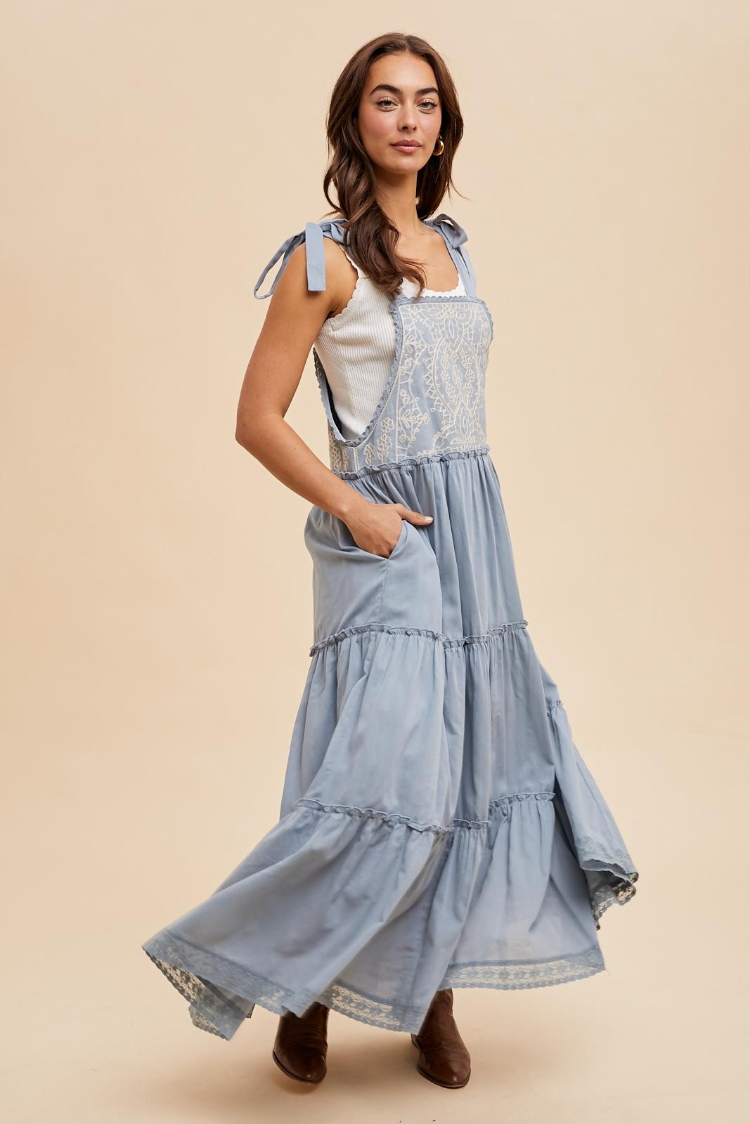 Embroidered Apron Dress in Dusty Blue