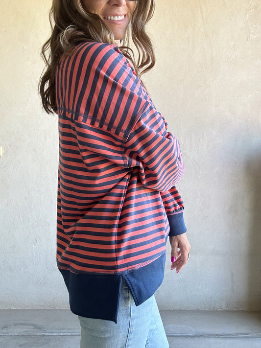 Sandy Striped Pullover in Coral & Navy