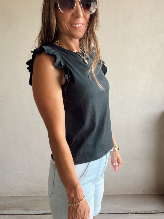 Hannah Ruffle Sleeve Tank in Black