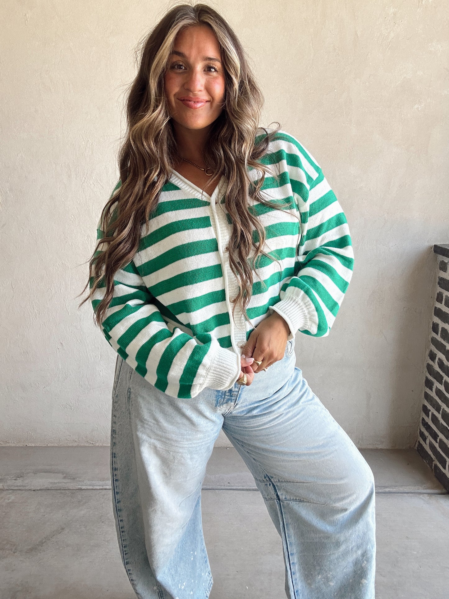Brendee Striped Cardigan in Green & Ivory