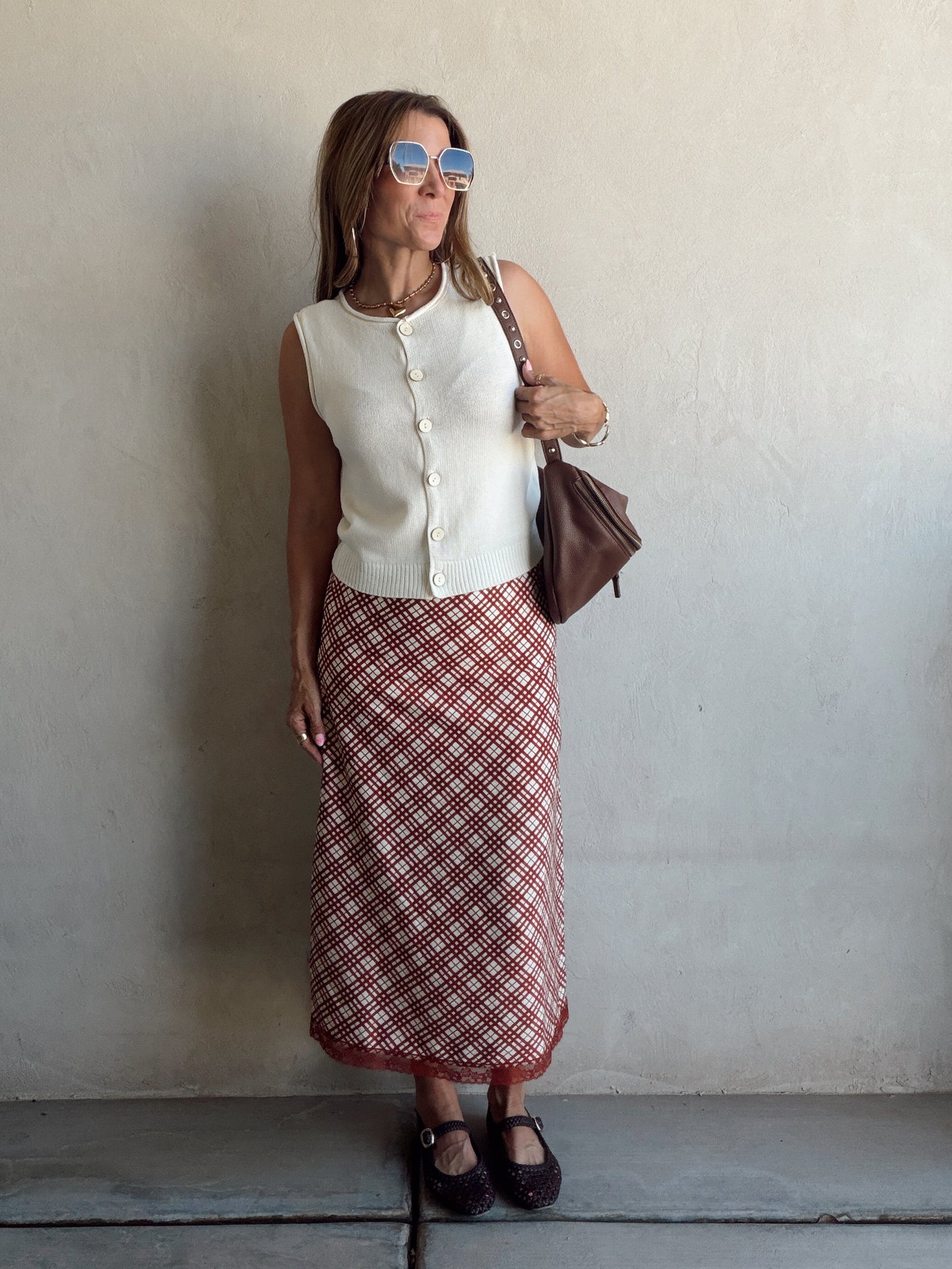 Plaid Skirt in Burgundy & Cream
