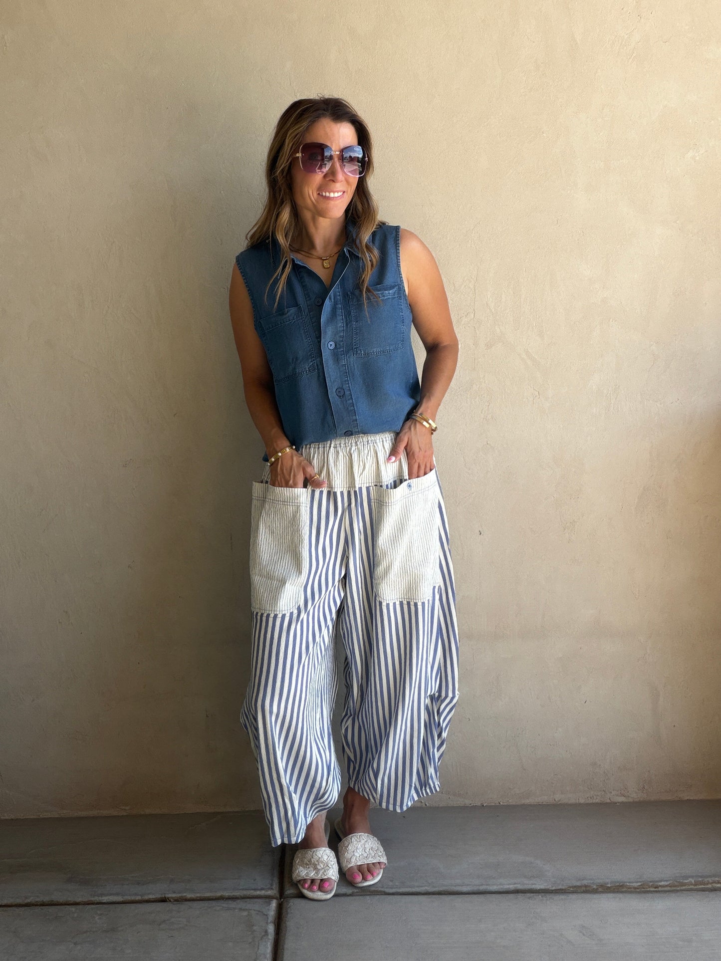 Charley Striped Parachute Pants in Blue & Cream