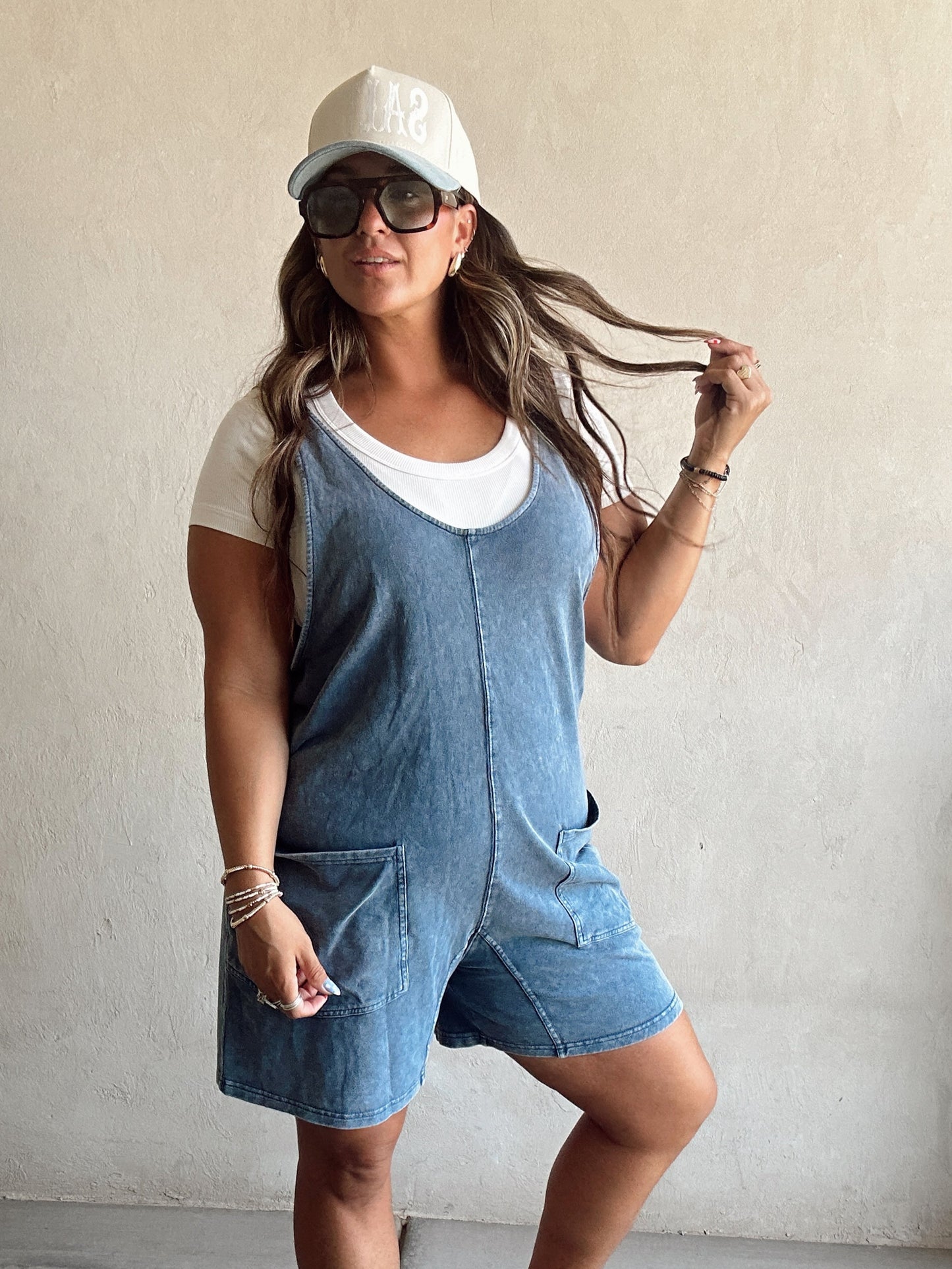 Millie Mineral Washed Romper in Navy