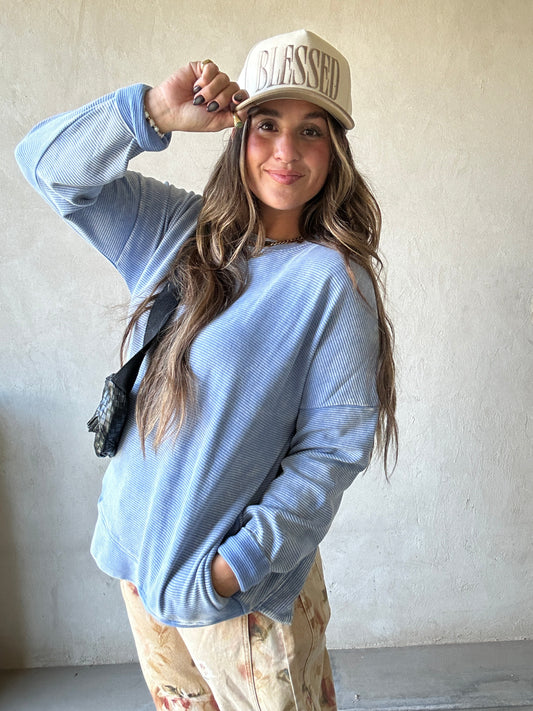 Dallas Double Ribbed Pullover in Blue