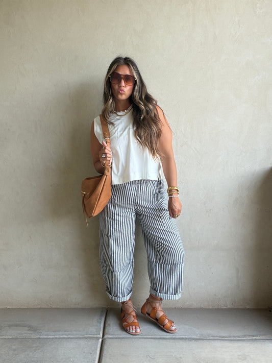 Sabrina Striped Barrel Pant in Navy
