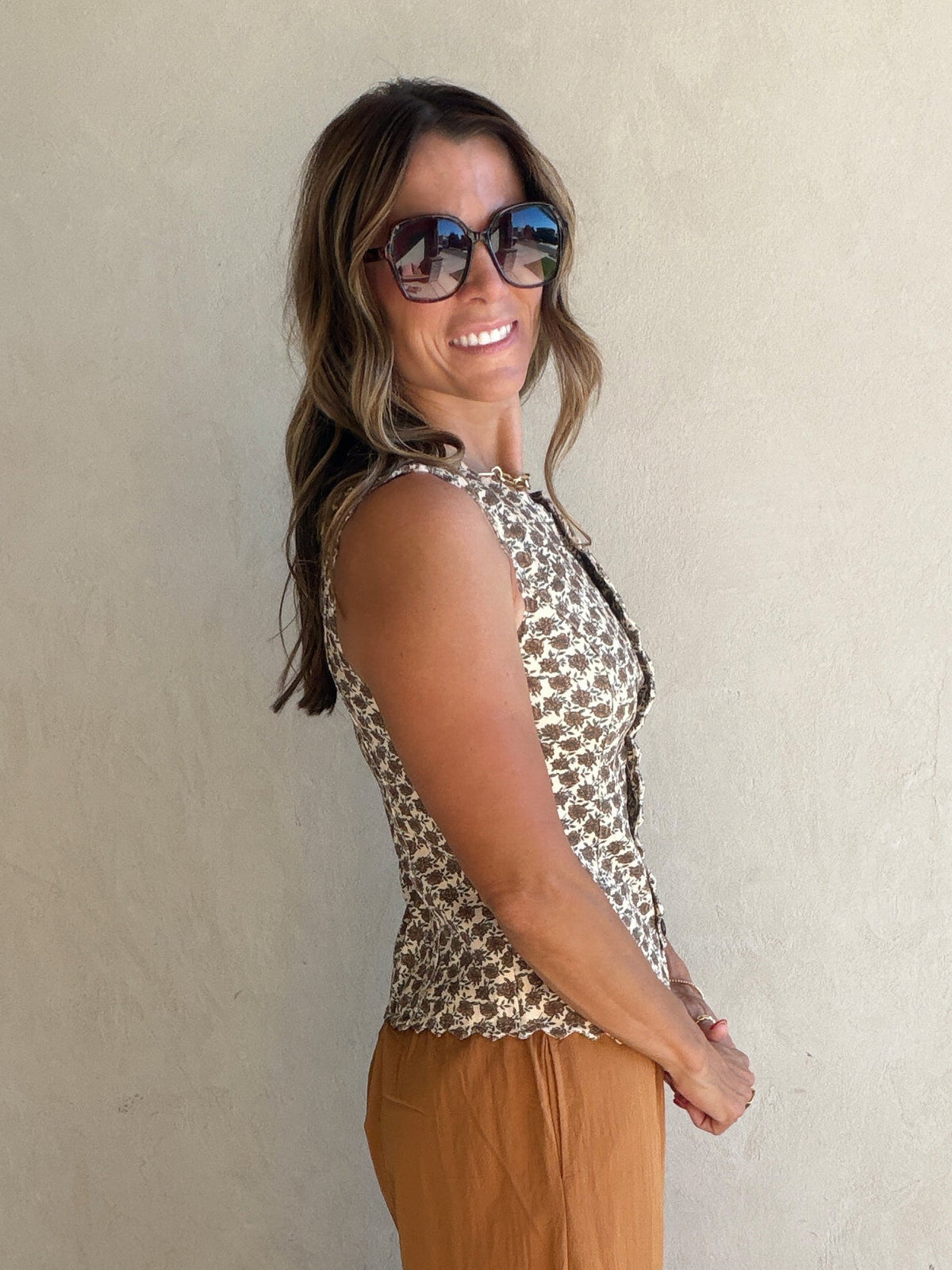 McKenna Floral Vest in Cream & Brown