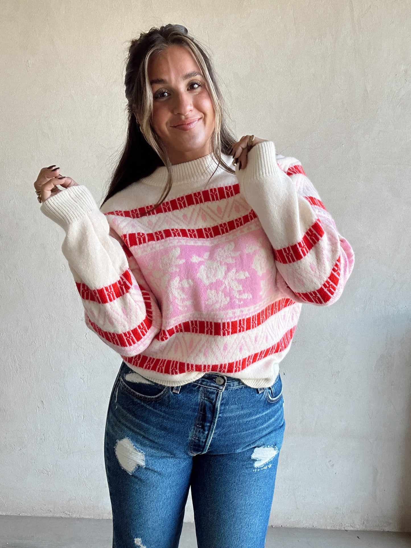Sophie Sweater in Cream, Red & Pink