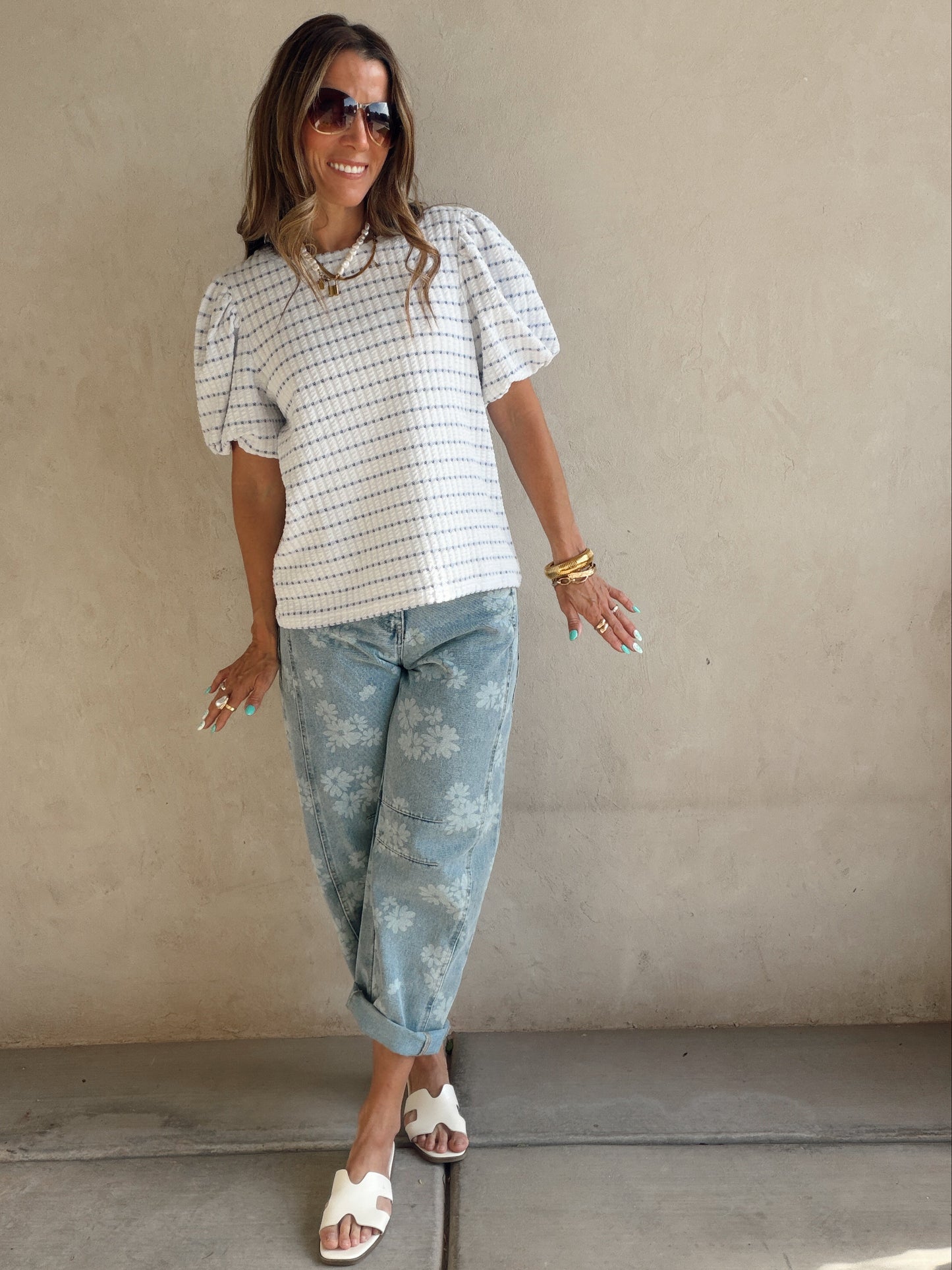 Annie Textured Puff Sleeve Top in Blue & White
