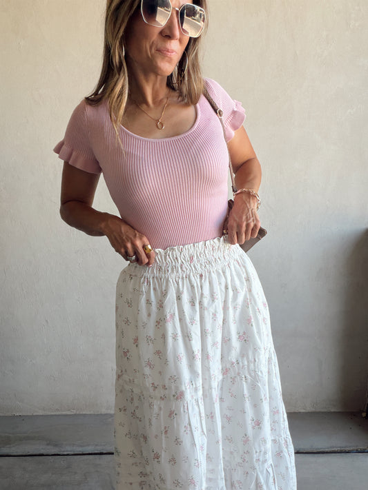 Kynlee Skirt in White & Pink & Green Floral