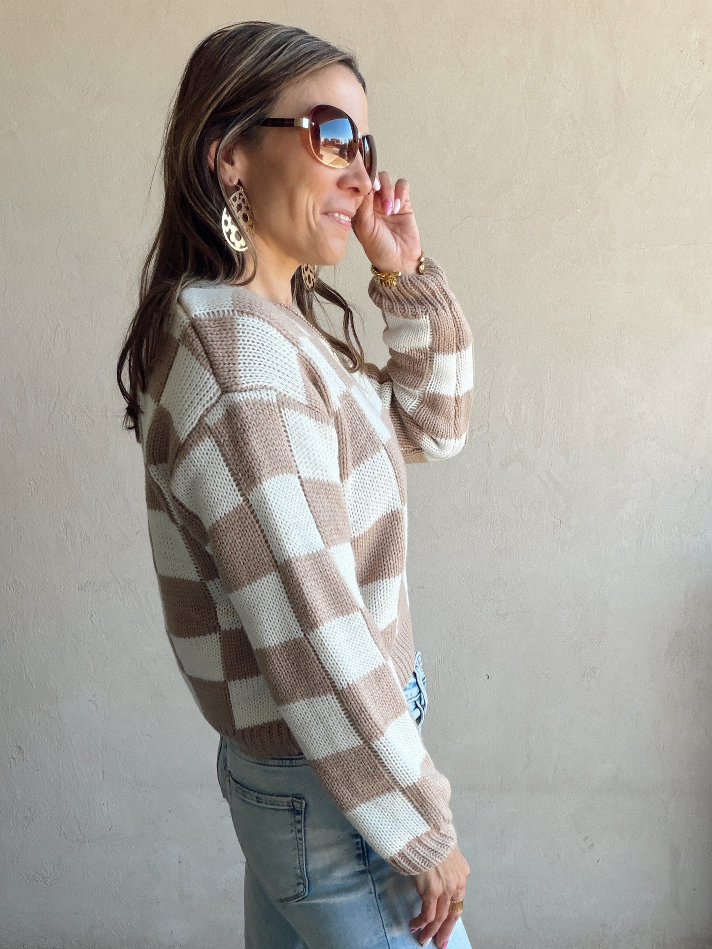 Sienna Check Sweater in Beige & Ivory