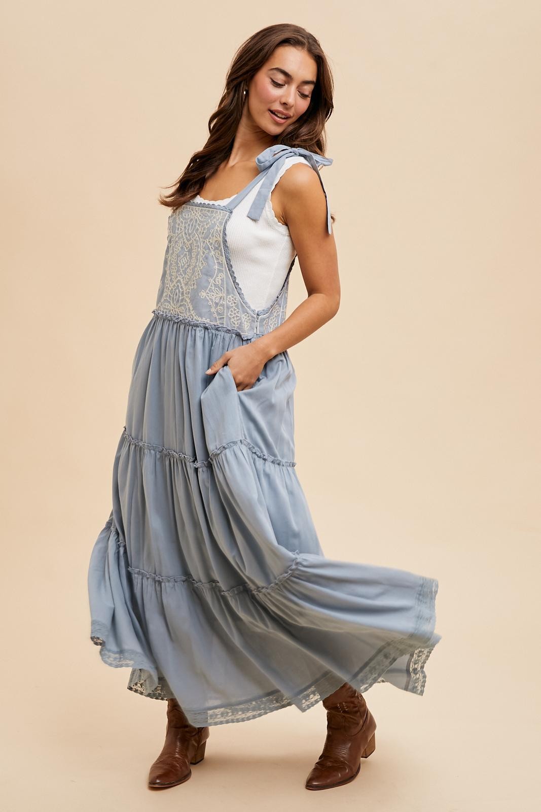 Embroidered Apron Dress in Dusty Blue