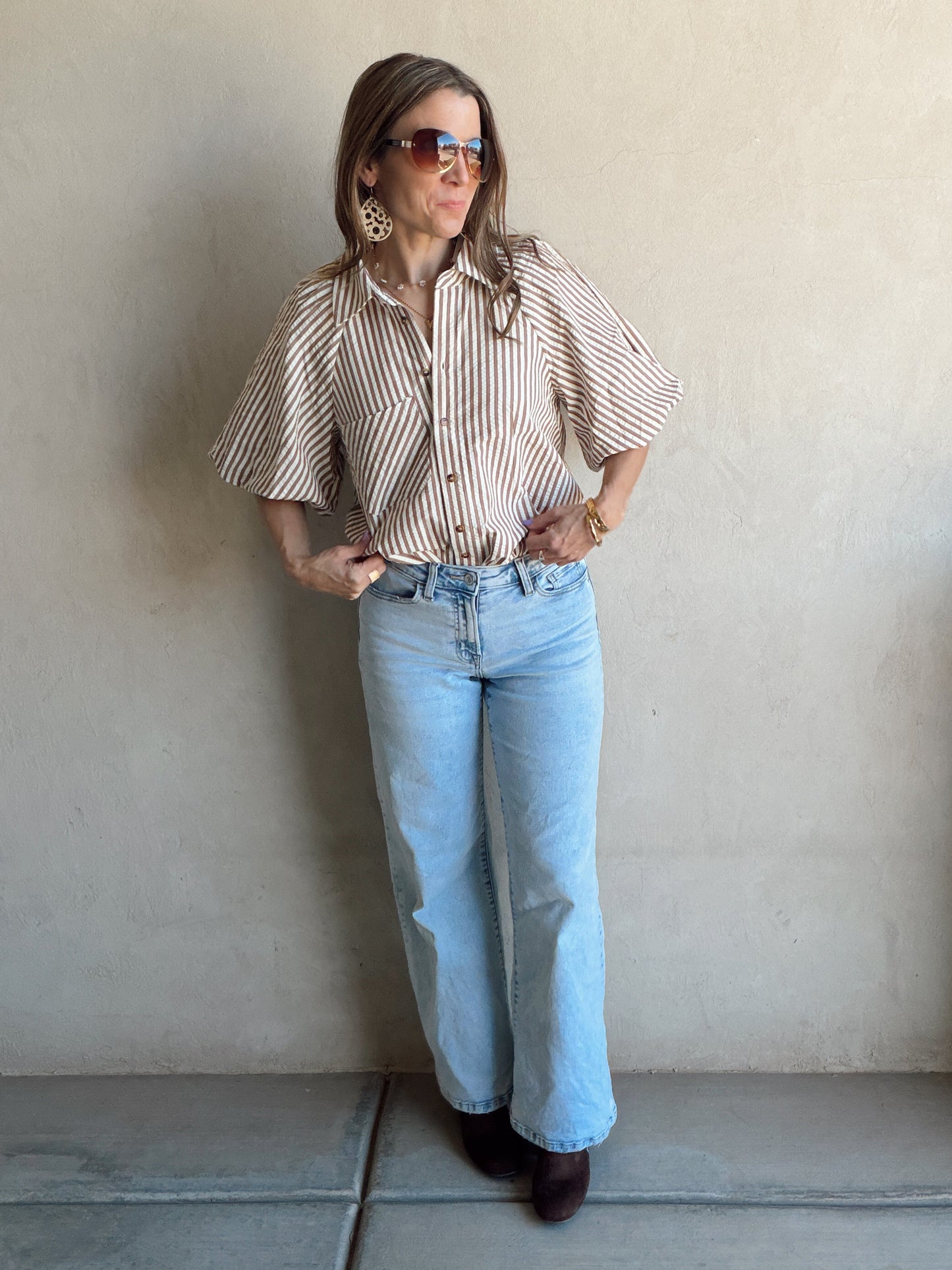 Jess Button Up Top in Pecan Stripe