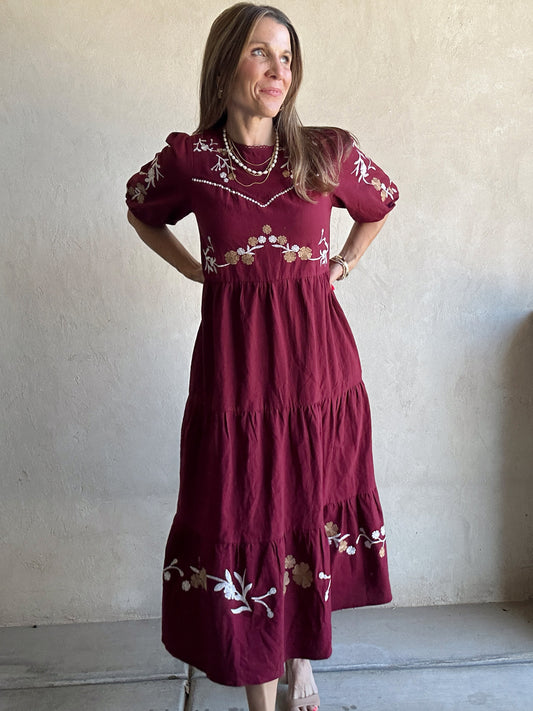 Brittany Embroidered Dress in Burgundy
