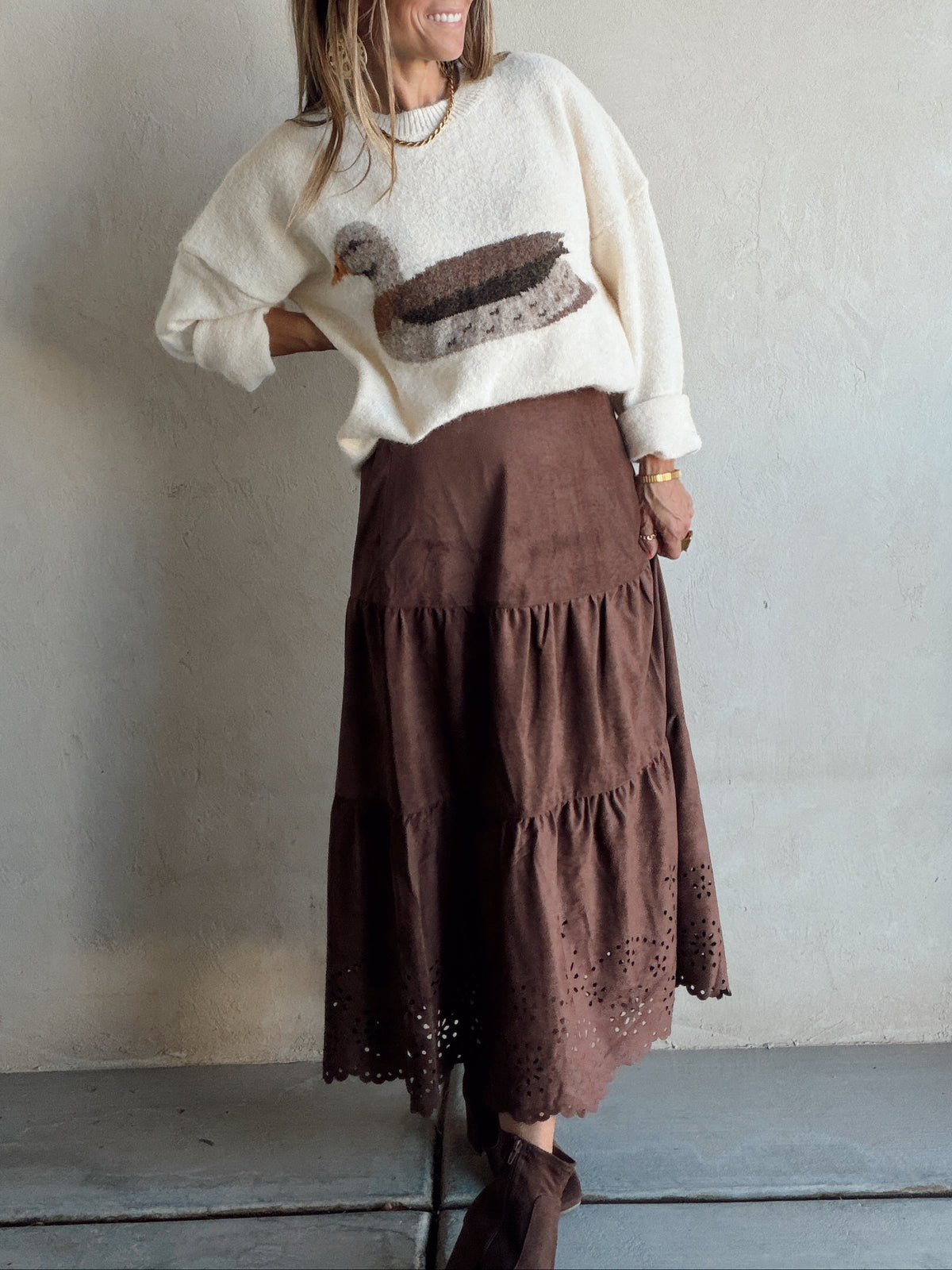 Sophie Suede Eyelet Skirt in Chocolate