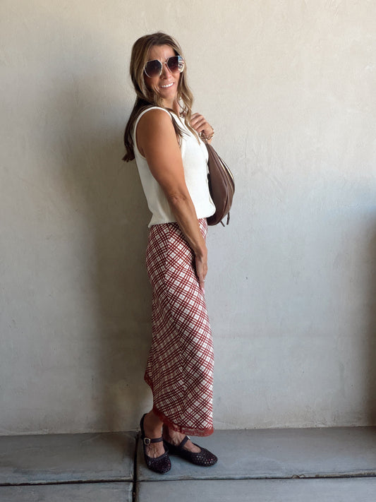 Plaid Skirt in Burgundy & Cream