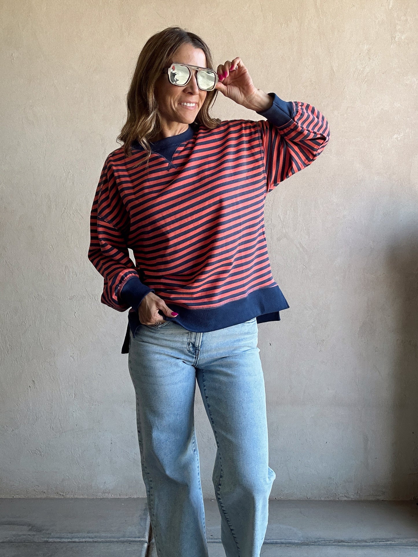 Sandy Striped Pullover in Coral & Navy