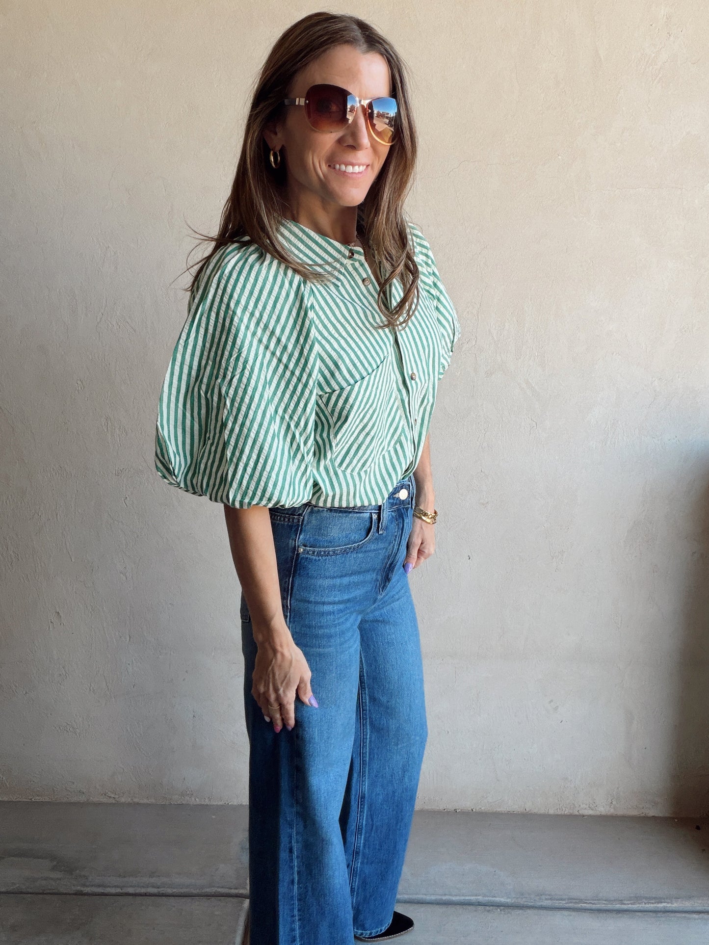 Jess Button Up Top in Green Stripe