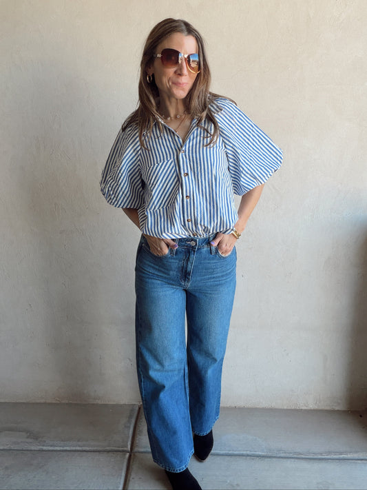 Jess Button Up Top in Blue Stripe