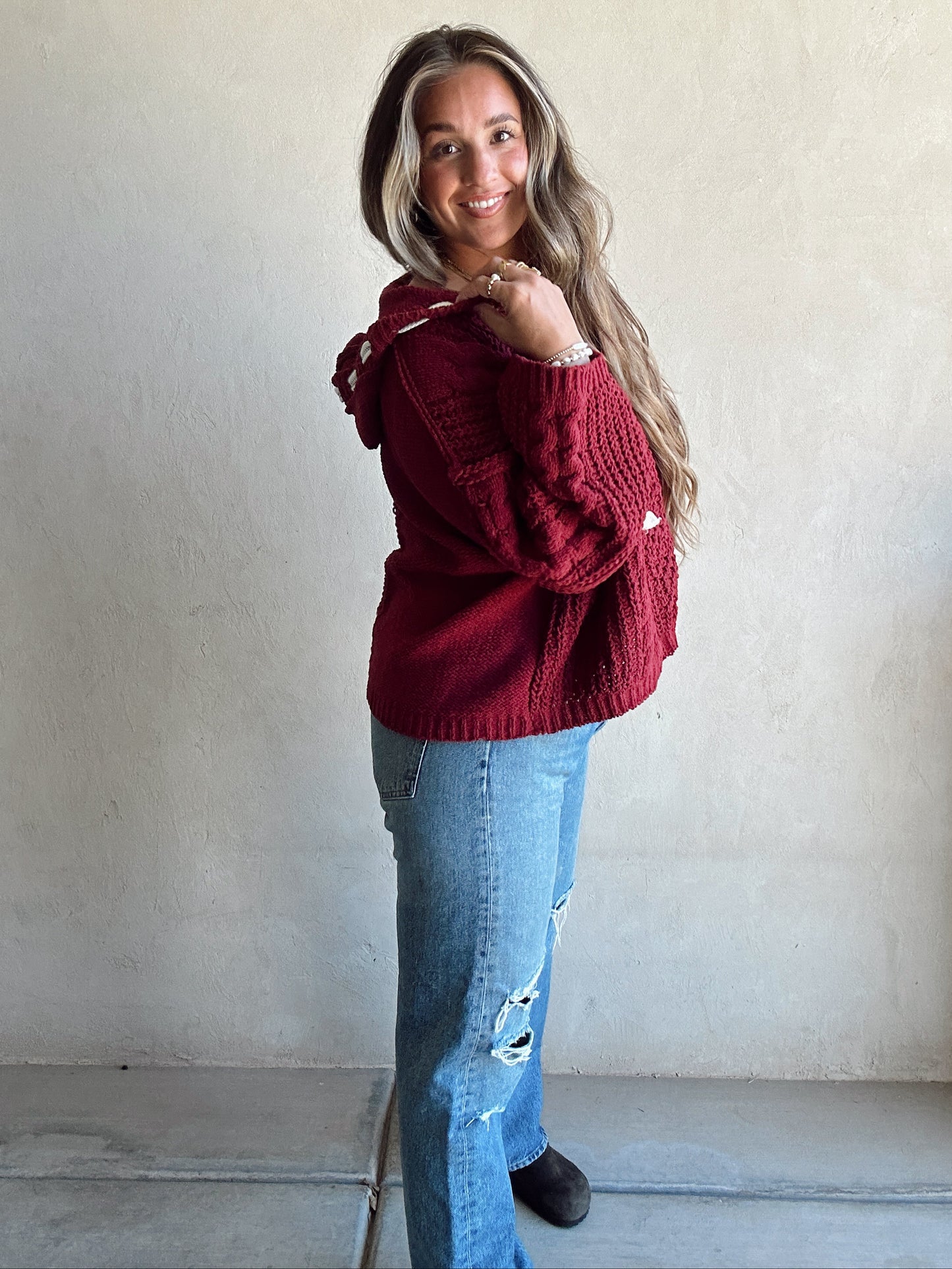 Cassie Cable Knit Sweater in Burgundy