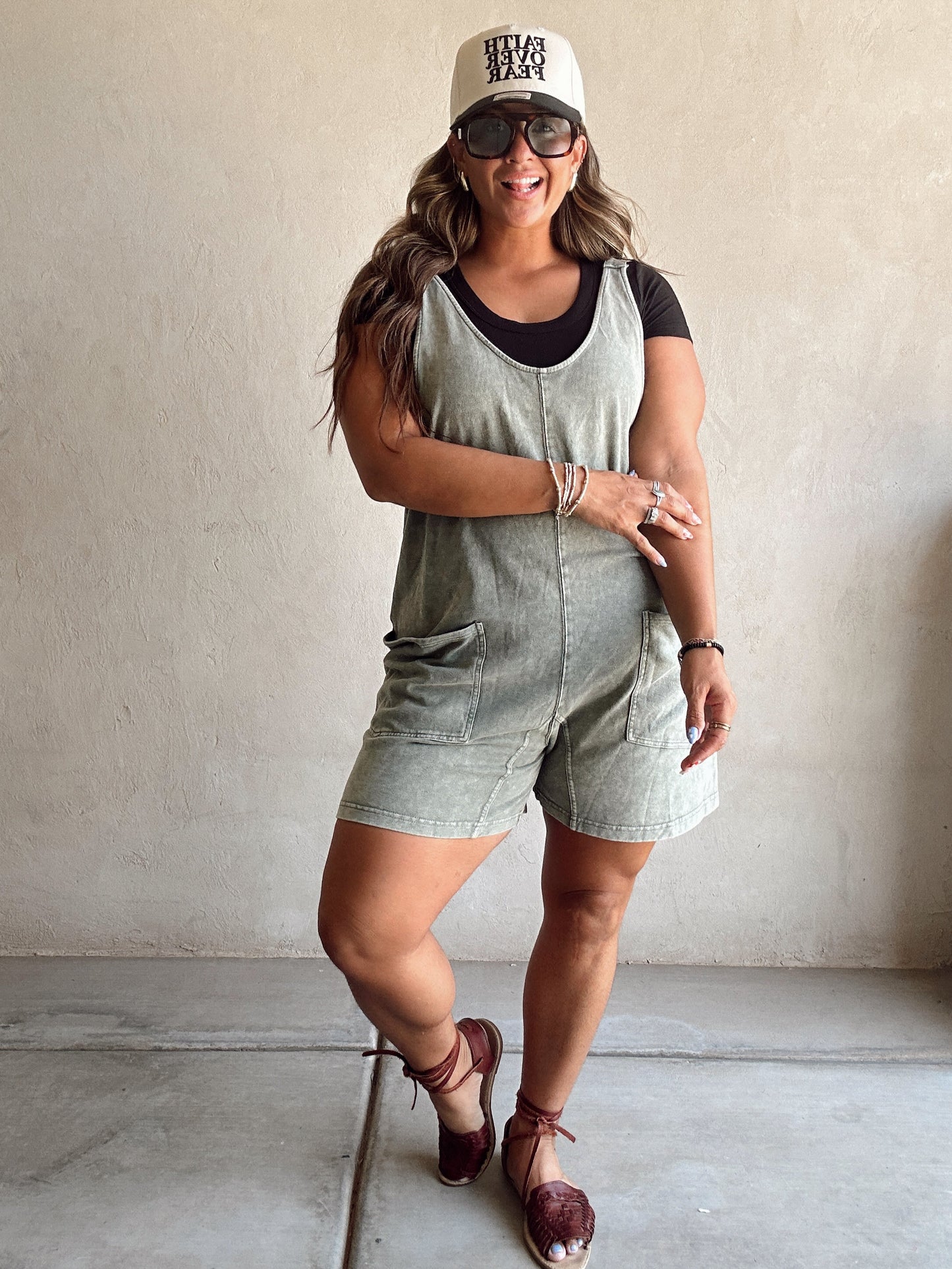 Millie Mineral Washed Romper in Olive