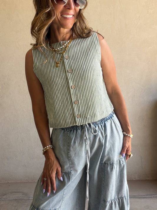 Melinda Tank in Sage & White
