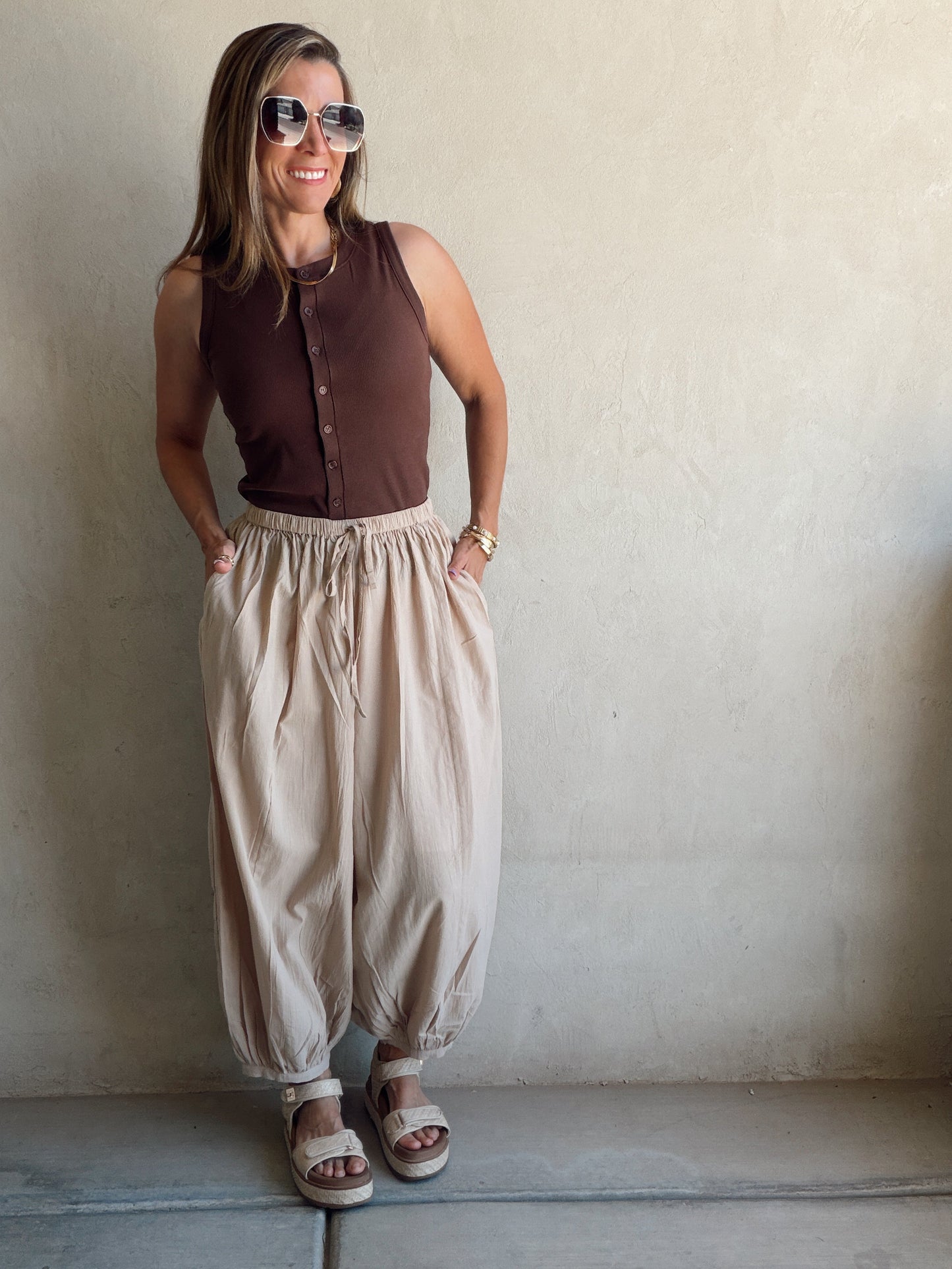 Tara Flowy Parachute Pants in Tan