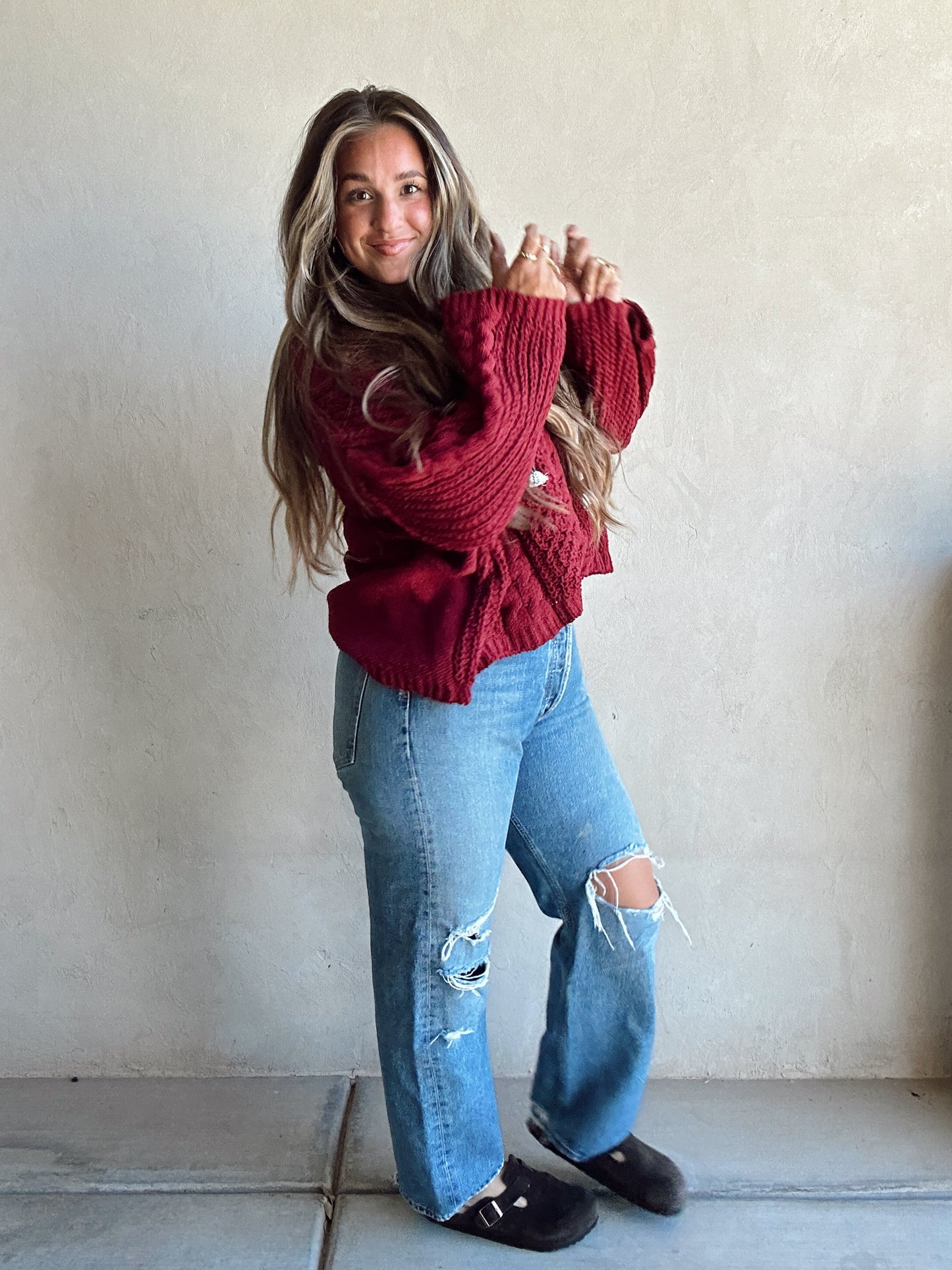 Cassie Cable Knit Sweater in Burgundy