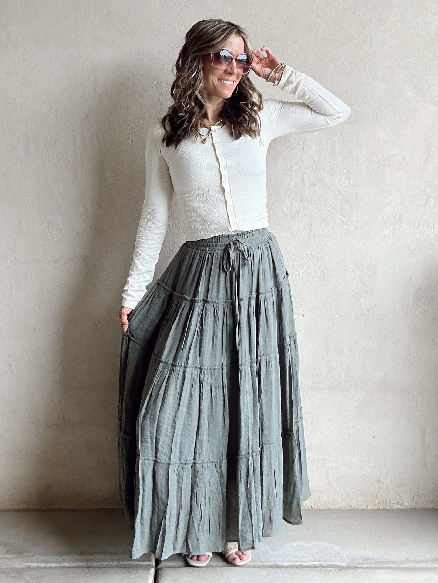 Aubrey Drawstring Tiered Skirt in Olive