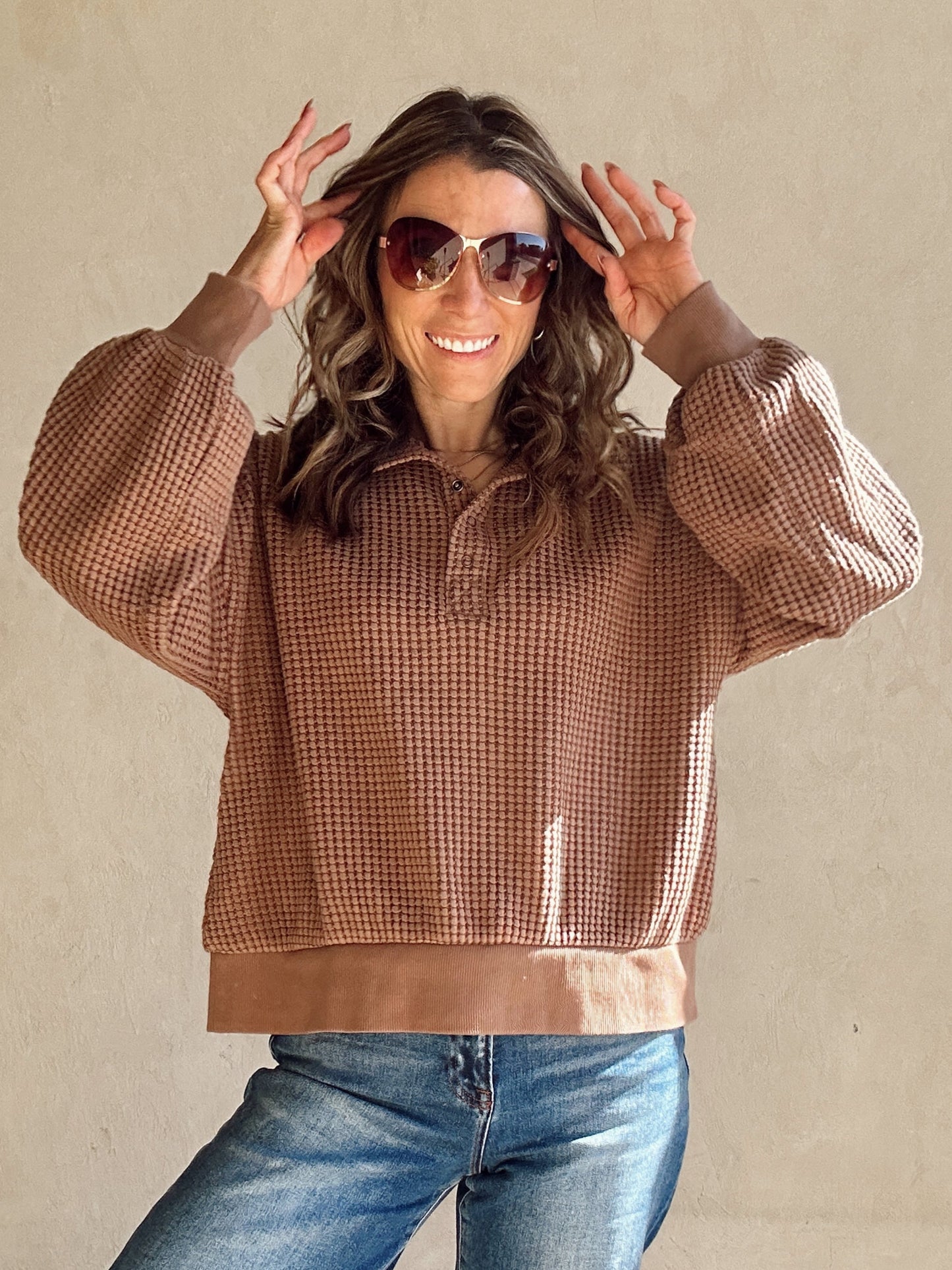Suzy Button Down Waffle Sweatshirt in Chocolate