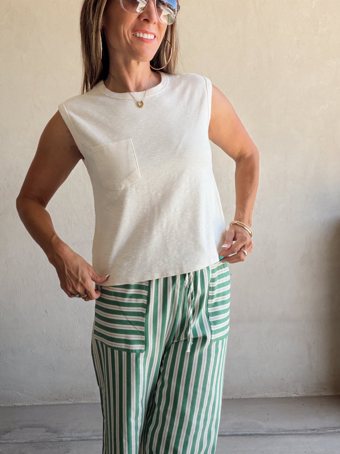Kyla Drawstring Stripe Linen Pants in Green & Sand