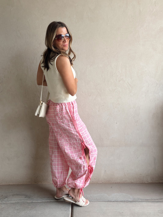 Christine Parachute Pants in Pink Plaid