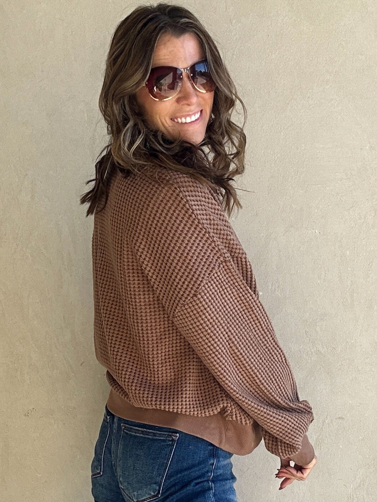 Suzy Button Down Waffle Sweatshirt in Chocolate