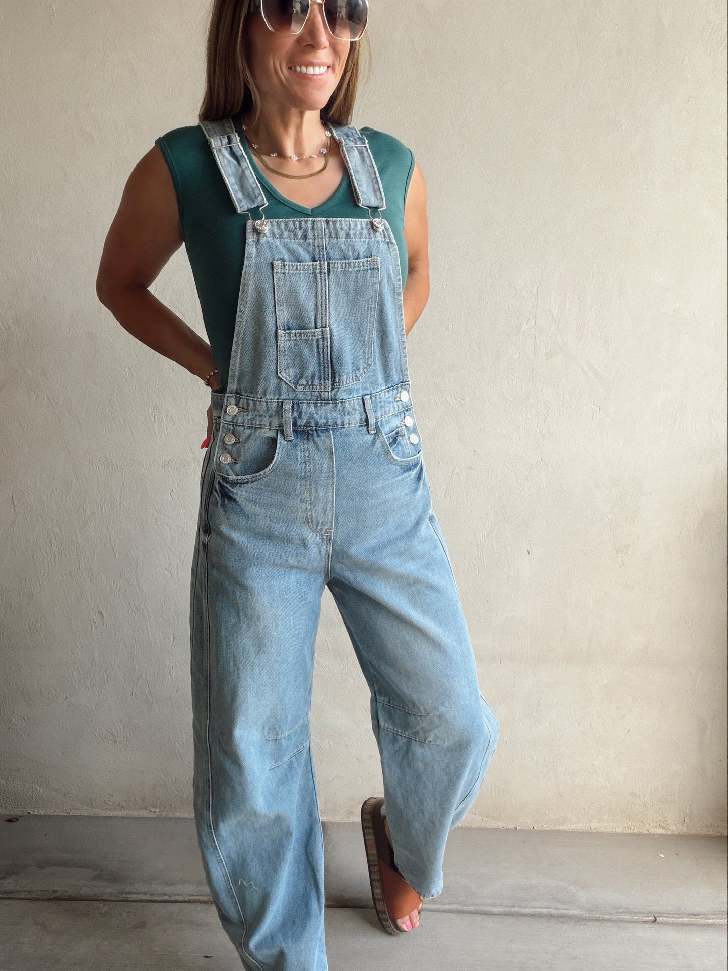 Bridget Denim Barrel Overalls in Medium Wash