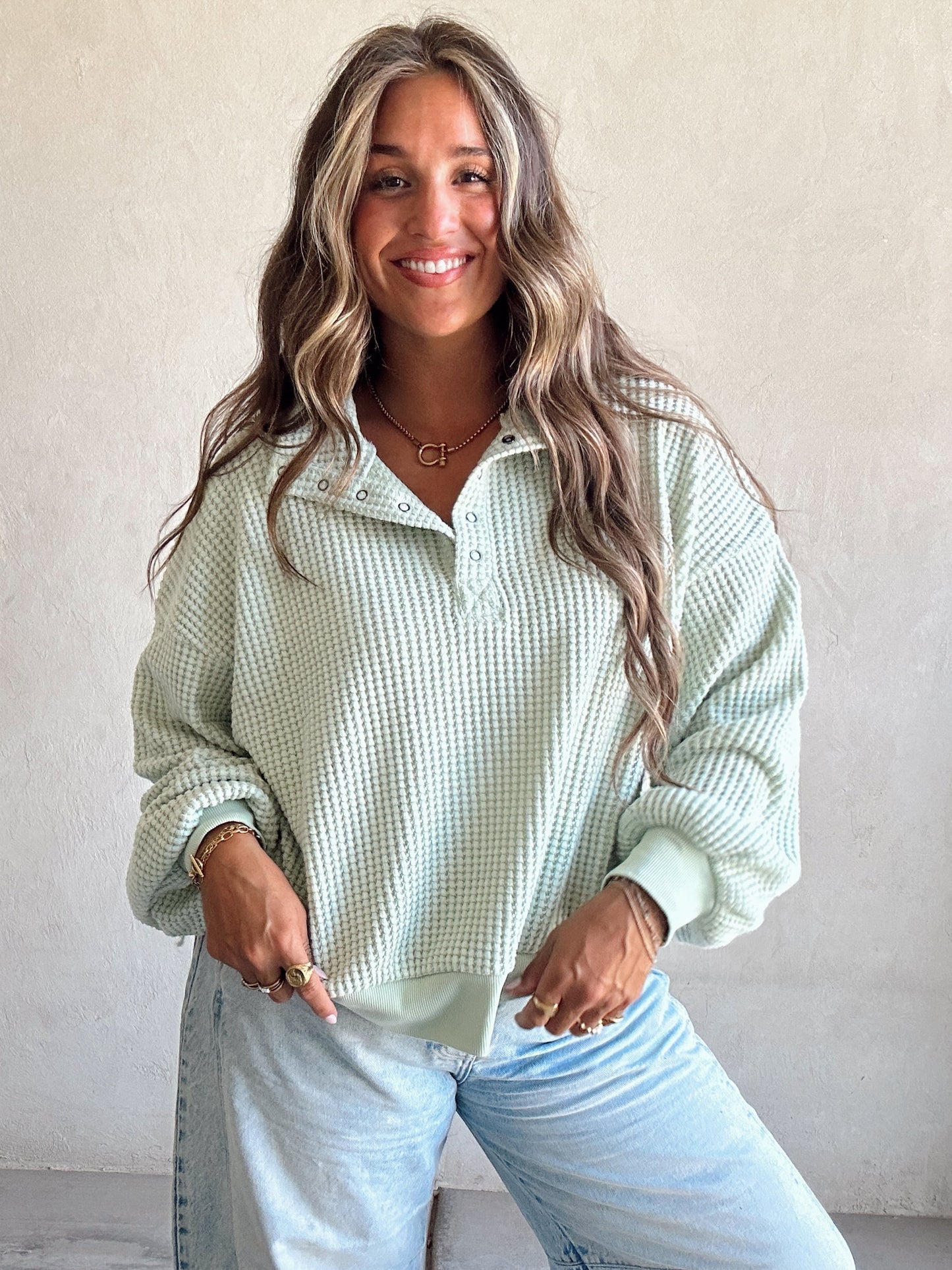 Suzy Button Down Waffle Sweatshirt in Mint