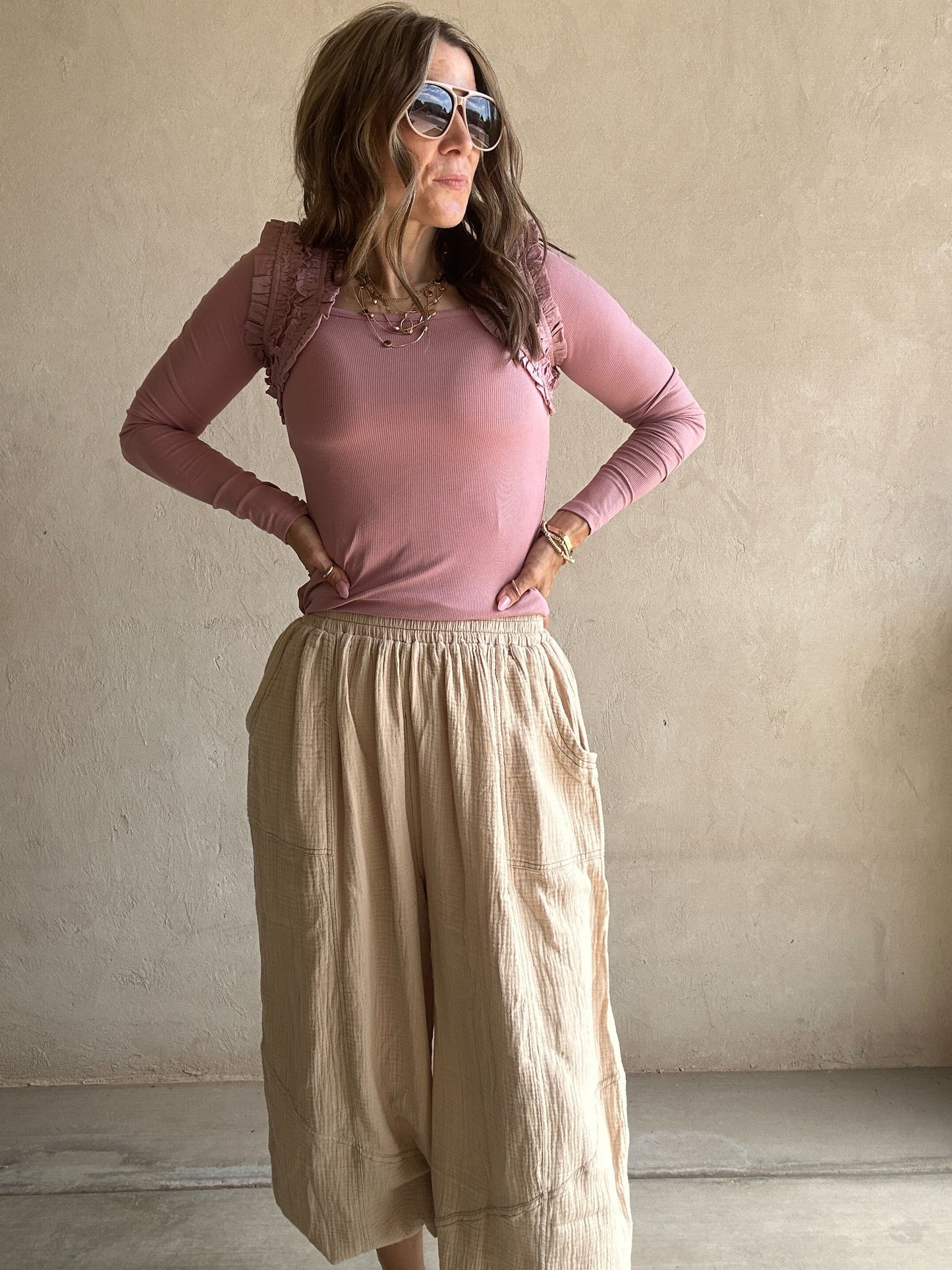 Tara Flowy Parachute Pants in Tan