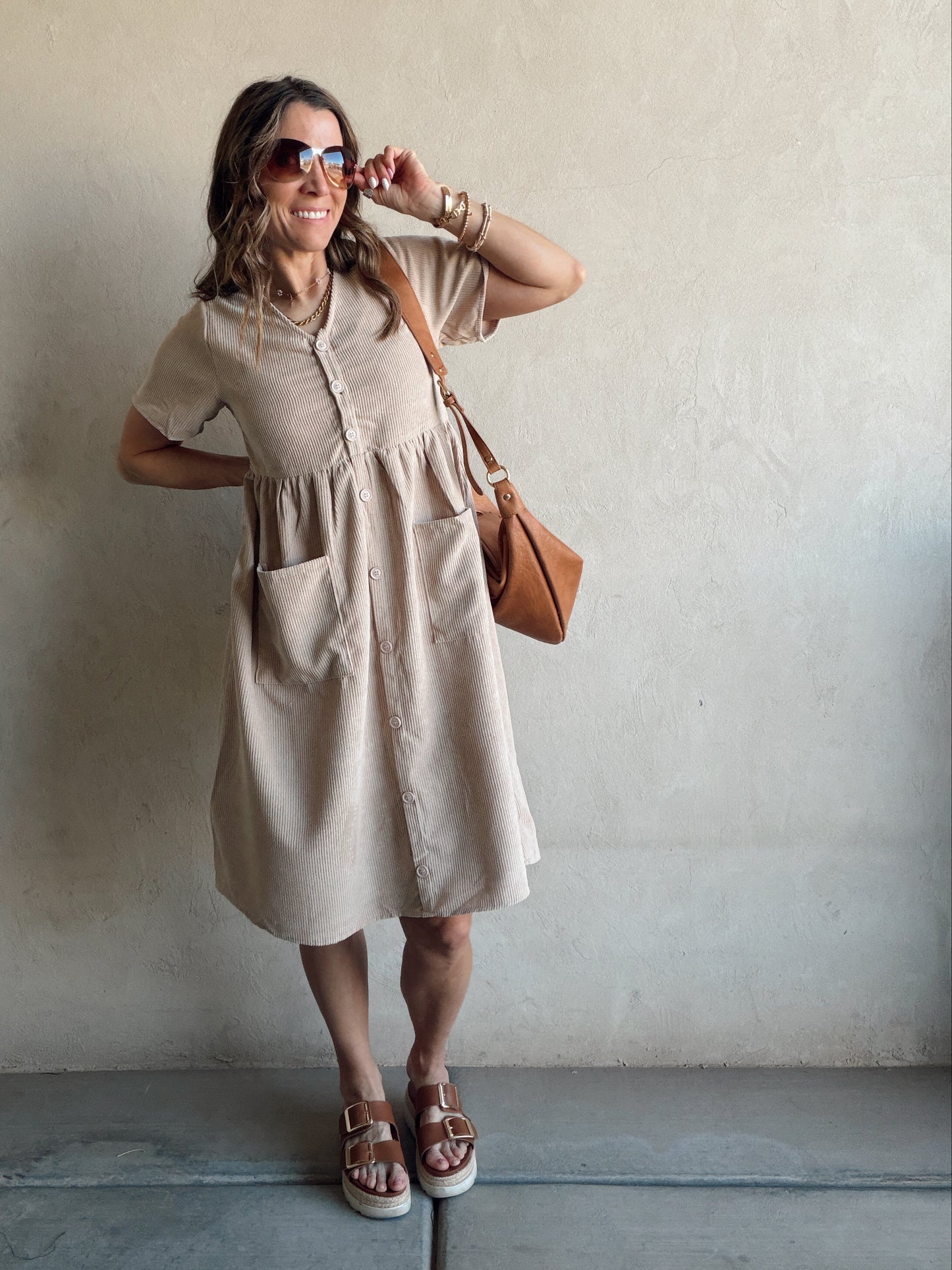 McKayla Corduroy Dress in Beige