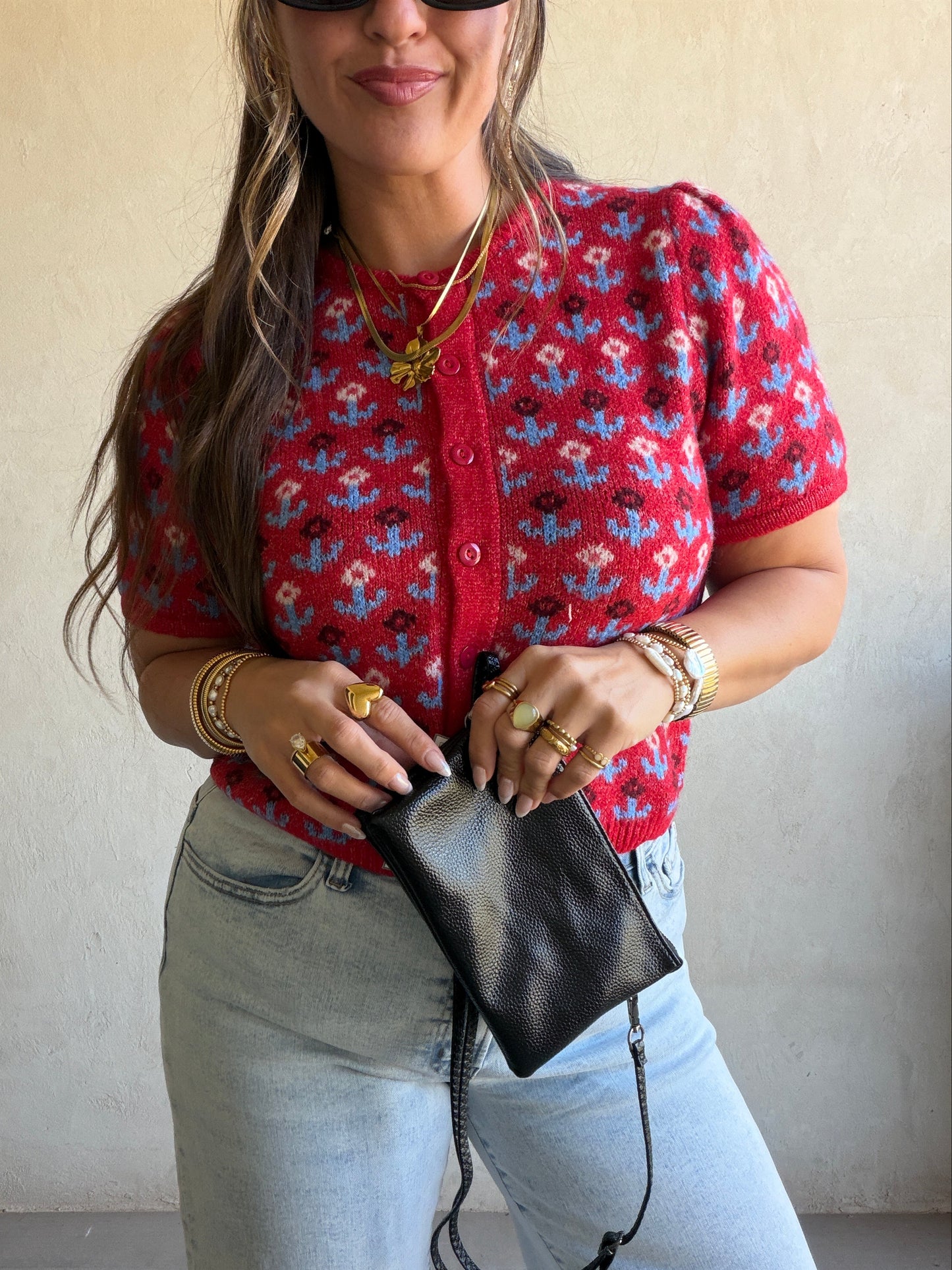 Maddy Button Down Cardigan in Red & Blue